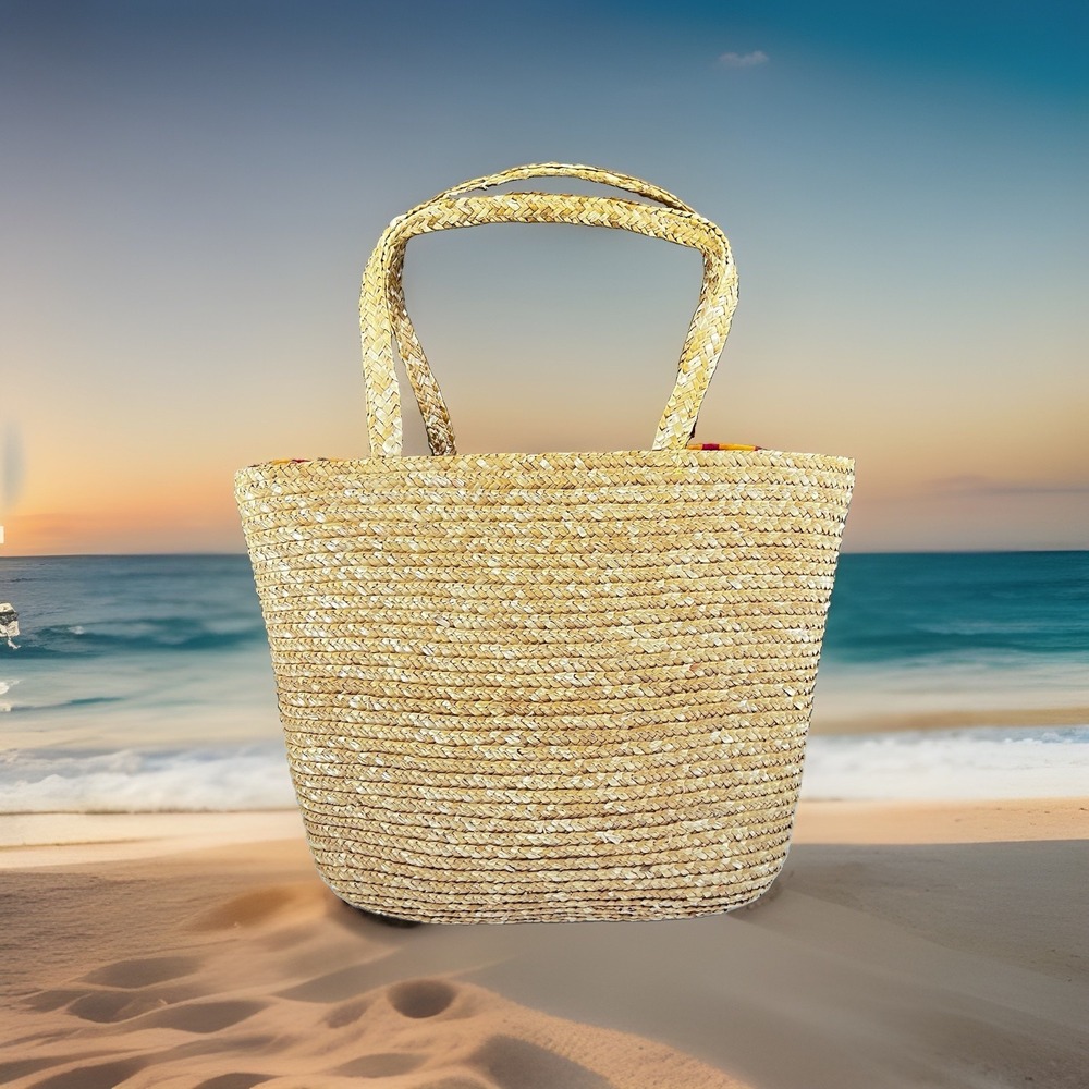 Woven Rattan Wicker Straw Purse Beach Bag MINT Pink & Orange Lining 11x14.5"